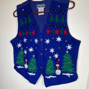 Vtg Felt Holiday Christmas Embellished embroidered Blue Cottagecore Wool